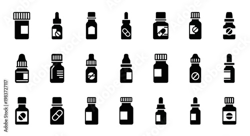 Black medicine bottle icons, pharmaceutical symbols, drug packaging illustrations, 20 no smoking signs