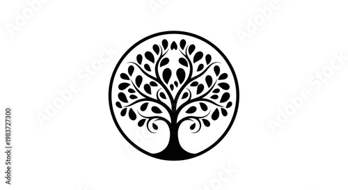 Stylized Tree of Life in a Circular Frame Black and White Illustration.