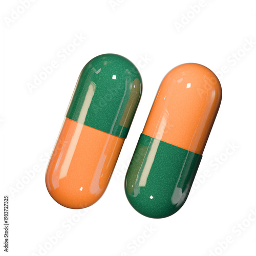 A pair of capsule pills in green and orange colors. 3D rendering on a transparent background