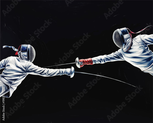 Dynamic fencing duel illustration with two athletes in protective masks crossing swords on dark background with copy space