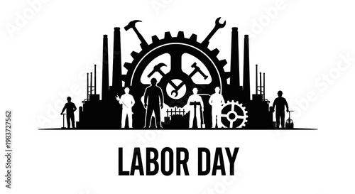 Industrial city skyline with factory buildings and hardworking laborers, celebrating Labor Day with a large gear and tools on an isolated white background.