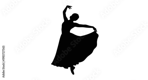 Elegant silhouette of a female dancer performing with a flowing skirt, captured in a graceful pose on an isolated white background.