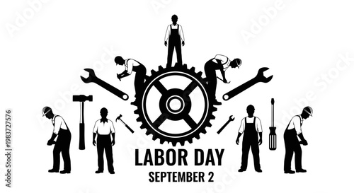 Group of hardworking construction workers and mechanics standing around a large gear with various tools, celebrating Labor Day on an isolated white background.