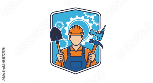 Professional male construction worker in hard hat and uniform holding shovel and drill, emblem badge on an isolated white background.
