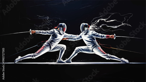 Dynamic fencing duel illustration with two athletes in white suits lunging on dark background, dramatic sport action artwork