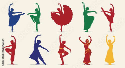 Colorful set of graceful female dancers in various ballet and artistic poses, performing elegant movements on a light studio background.
