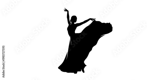 Silhouette of a graceful female dancer with a flowing dress, expressing passion and movement, on an isolated white background.