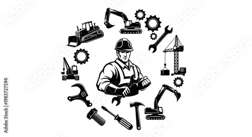 Circular composition featuring a construction worker, various heavy machinery, and tools, symbolizing the construction industry and manual labor, on an isolated white background.
