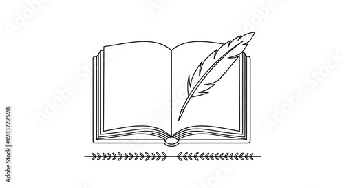Elegant outline of an open book with a classic quill pen and decorative flourish, symbolizing literature and creative writing, on an isolated white background.