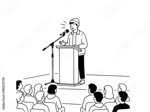 A minimalist black and white line art illustration of a young man delivering a speech or lecture from a lectern to an attentive group of listeners.