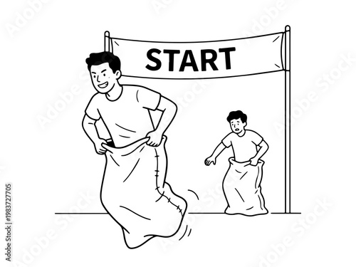 A minimalist black and white line drawing of two people competing in a sack race, jumping away from a starting line banner.
