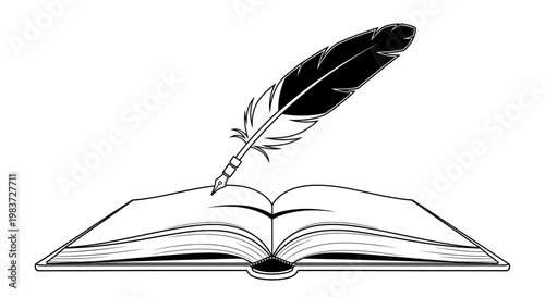 Open Book with Feather Quill Outline Drawing, Symbolizing Literature and Writing, isolated white background.