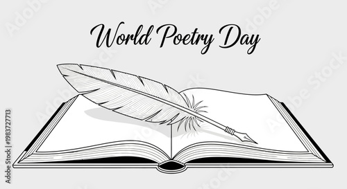 World Poetry Day Open Book with Feather Quill Outline, Celebrating Literature and Creative Writing, on light gray background.