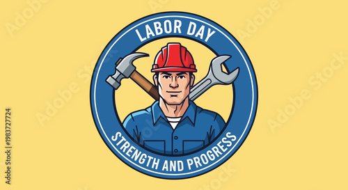 Muscular Construction Worker with Hammer and Wrench in Labor Day Emblem, Symbolizing Strength and Progress, on yellow background.