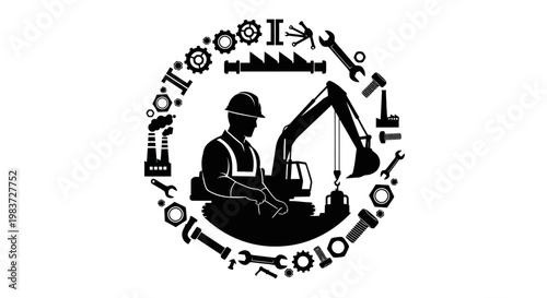 Construction Worker Operating Excavator with Tools in Circular Frame, Celebrating Labor Day, isolated white background.