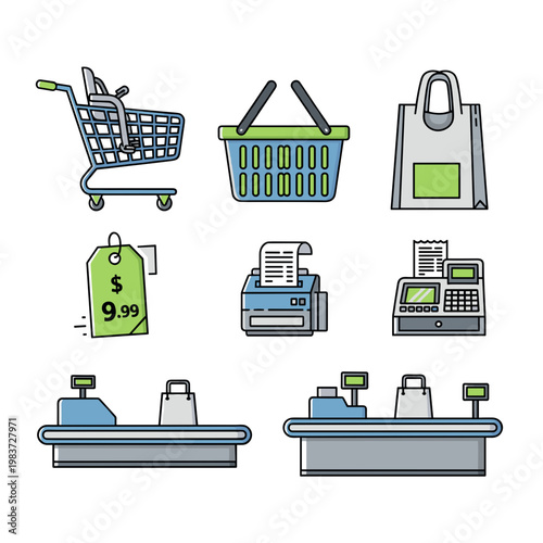 Shopping cart and retail store items.