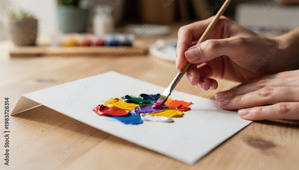 Fototapeta premium Medium shot of an artist delicately applying gouache paint to a blank greeting card with vibrant colors sharply in focus and soft blurred background.