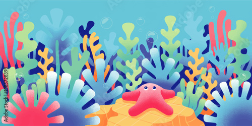 Colorful underwater coral reef illustration with pink starfish, tropical sea plants, bubbles, and vibrant marine life scene