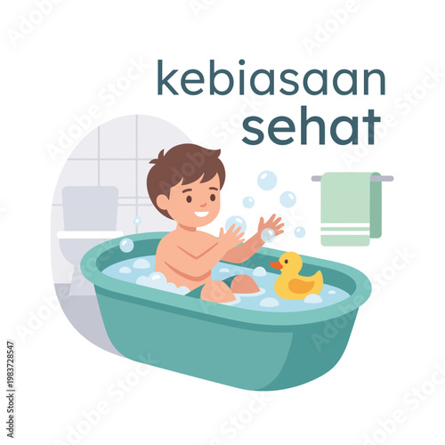 A young boy taking a bath in a green tub with soap bubbles and a rubber duck.