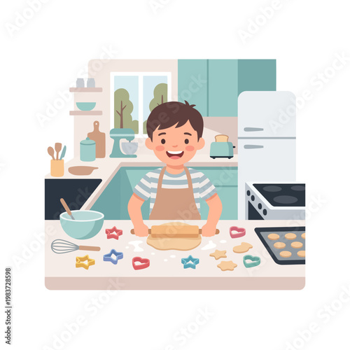 Happy Young Boy Baking Cookies in the Kitchen with Rolling Pin and Cutters.