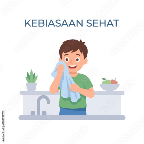 Vector illustration of a boy drying his face with a towel for healthy habits theme.