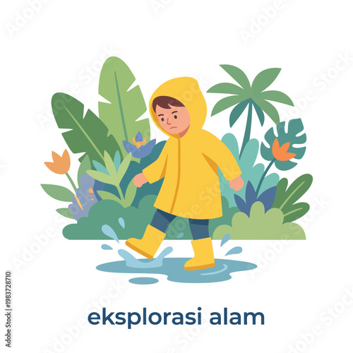 Young boy in yellow raincoat and boots splashing in a puddle during nature exploration.