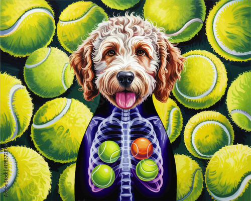 Colorful playful dog anatomy illustration with tennis balls background, cheerful pet portrait and x ray style veterinary art