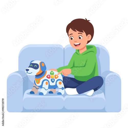 Young boy playing with an interactive robot dog toy on a blue sofa illustration.