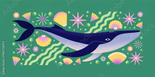 Colorful whimsical whale swimming among seashells starfish and bubbles in playful underwater ocean illustration