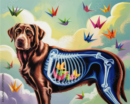 Surreal dog anatomy illustration with visible skeleton and origami birds in pastel sky, whimsical veterinary concept art