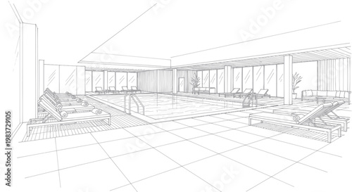 Indoor Swimming Pool with Lounge Chairs and Large Windows.