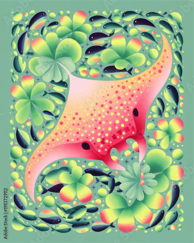 Dreamy pink manta ray swimming among tropical fish and clover like flowers in whimsical pastel underwater illustration
