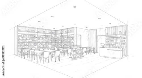 Interior design sketch of a modern cafe with seating and shelves.
