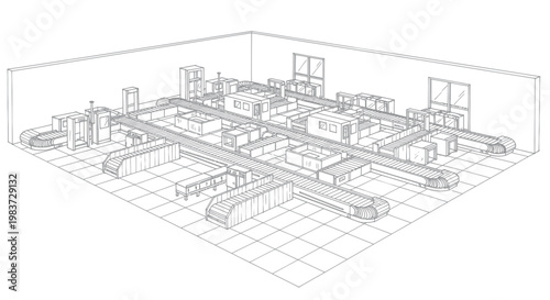 Industrial HVAC system schematic diagram with ductwork and equipment.