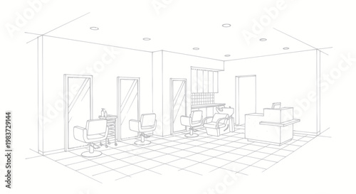 Interior design sketch of a modern hair salon with reception and styling stations.
