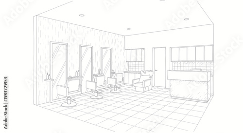 Interior design sketch of a modern hair salon with styling stations and reception desk.