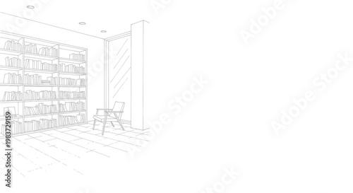 Interior design sketch of a modern library with bookshelves and a chair.