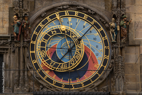 Close-up of the complex golden mechanical dial and astronomical details of the Orloj clock - Prague, Czech Republic