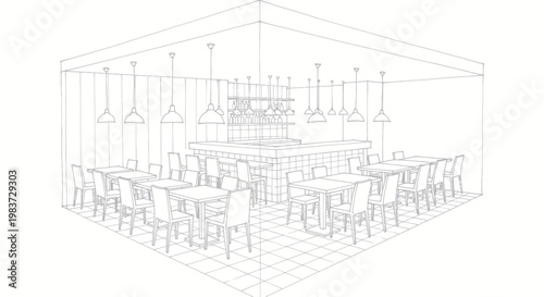 Interior sketch of a restaurant dining area with tables and chairs.