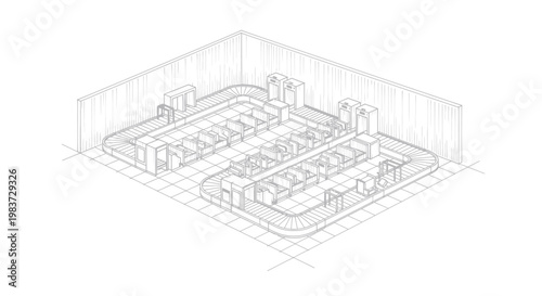 Isometric blueprint of a data center server room layout.