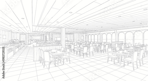 Interior sketch of a spacious restaurant dining area with tables and chairs.