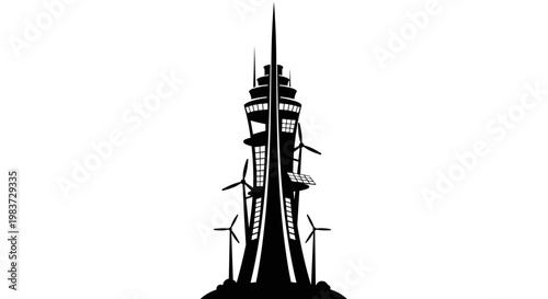 Silhouette of a communications tower.