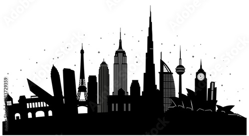 Silhouette of city skyline with skyscrapers.