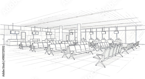 Modern Airport Waiting Area Sketch with Rows of Seats.