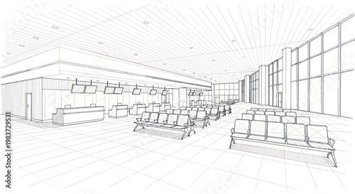 Modern Airport Waiting Area Sketch with Seating and Information Displays.