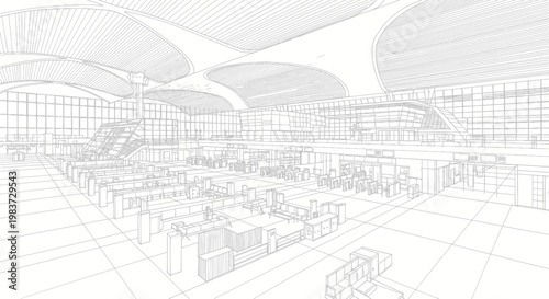 Modern Airport Terminal Interior Design Blueprint Sketch.