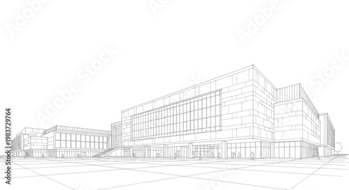 Modern Architectural Building Sketch with Glass Facade.