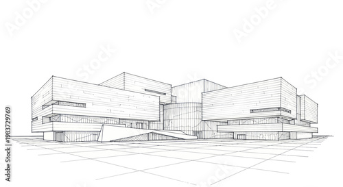 Modern Architectural Building Sketch with Geometric Shapes and Clean Lines.