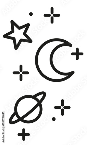 Doodle espacial de luna, planeta y estrellas