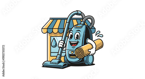 Cartoon Vacuum Cleaner Mascot Vector Illustration, Professional Carpet Cleaning Service Character Design for Home Maintenance and Janitorial Business Branding